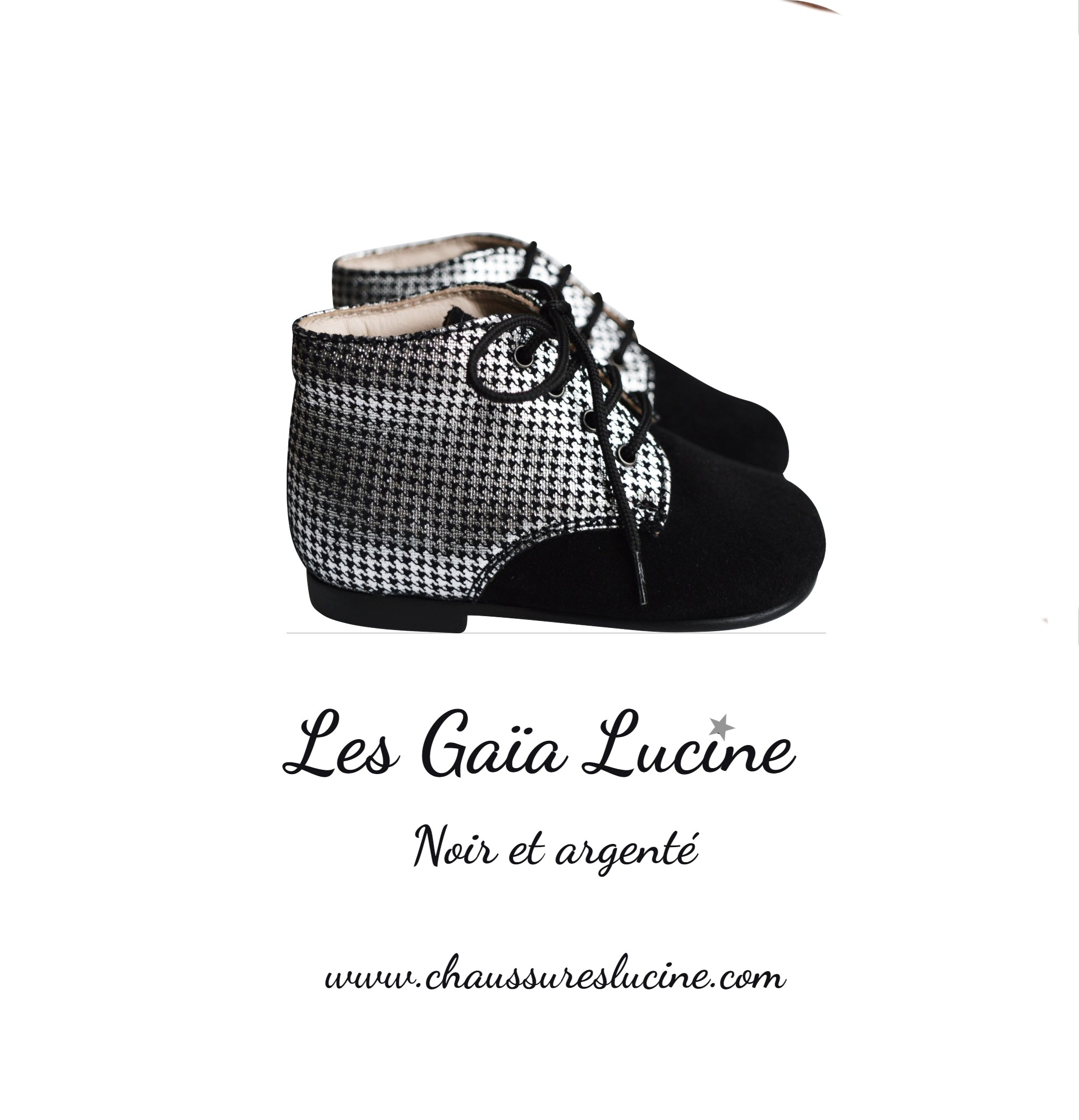 Chaussures Bottillon Fille À Lacets Gaïa - Cuir Noir Et Argent