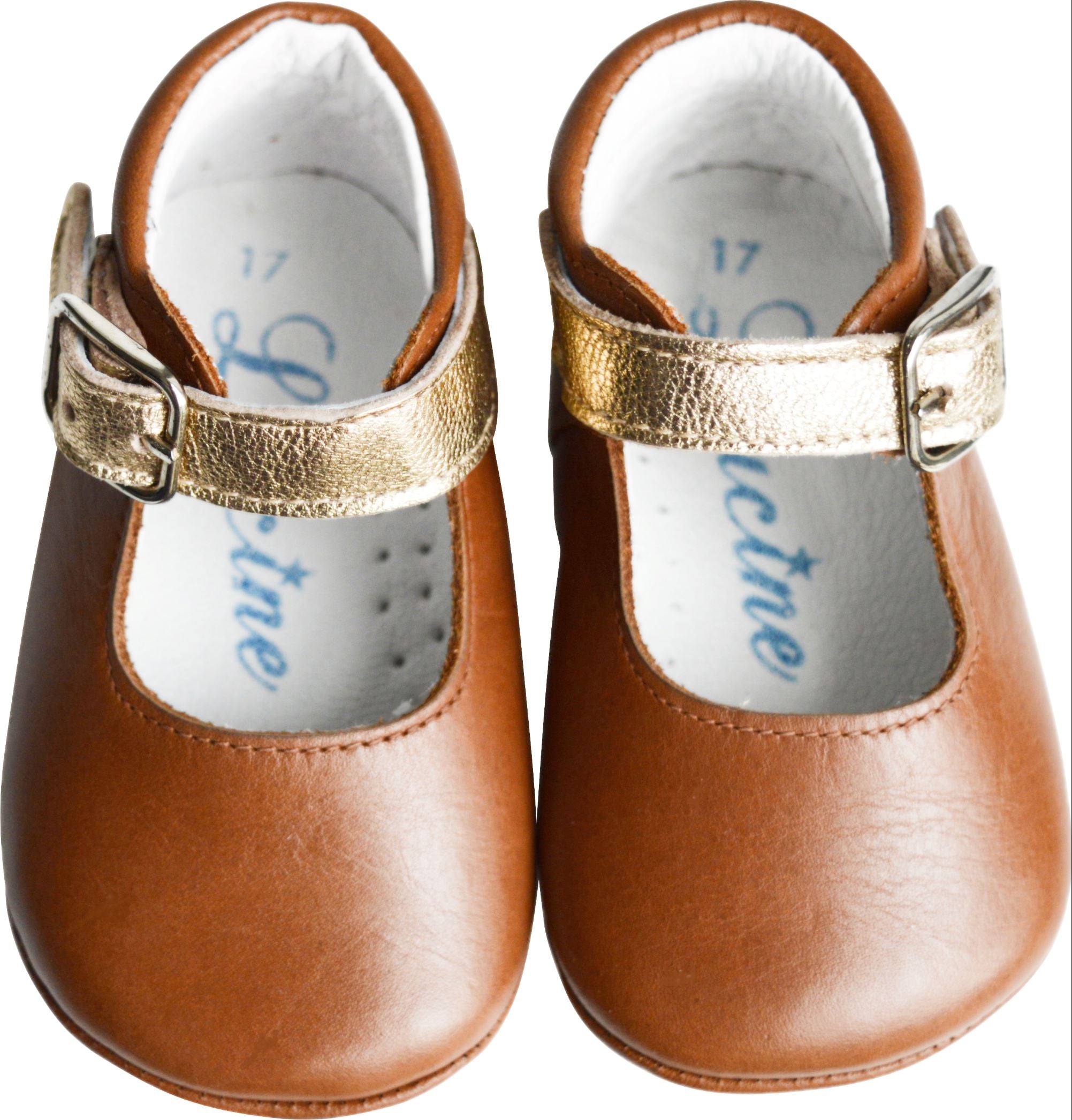 Chaussons Bébé Souples Antidérapants Fille À Boucle Mini-Alice - Cuir Camel Et Or Lisse