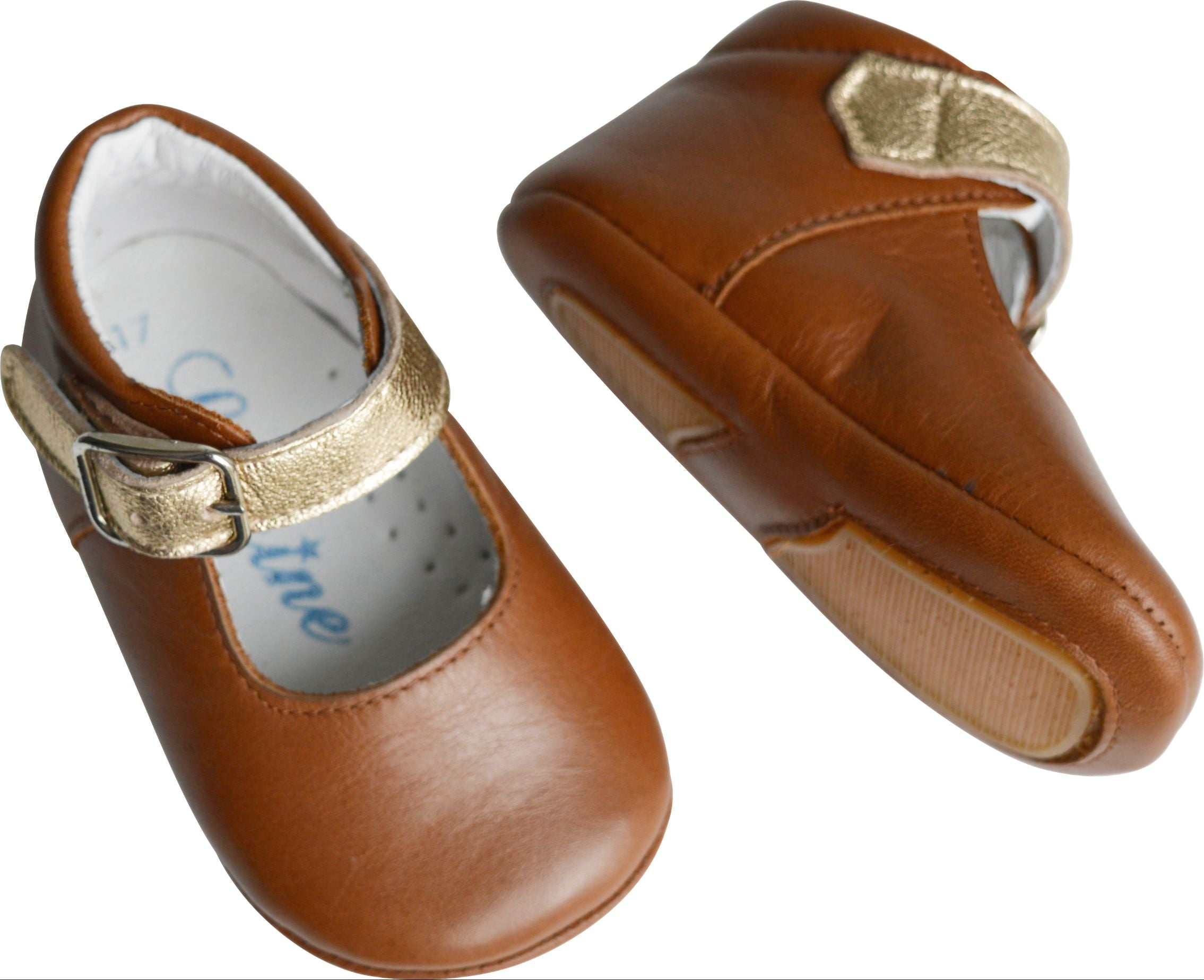 Chaussons Bébé Souples Antidérapants Fille À Boucle Mini-Alice - Cuir Camel Et Or Lisse