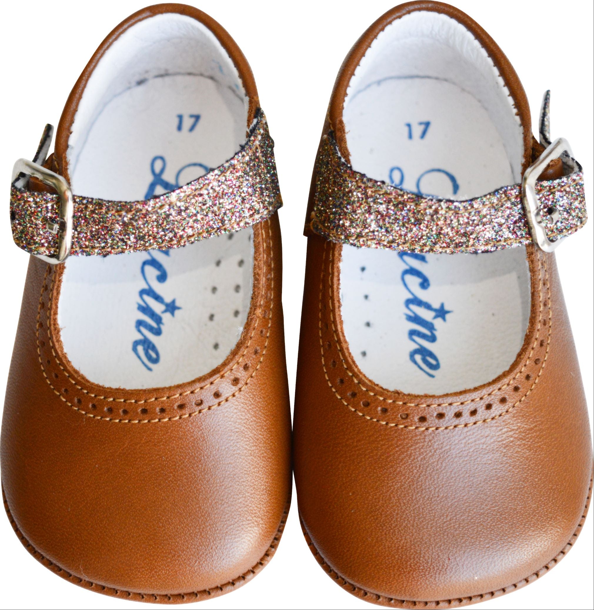 Chaussons Bébé Souples Antidérapants Fille À Boucle Mini-Alice - Cuir Camel Et Paillettes Multicolores