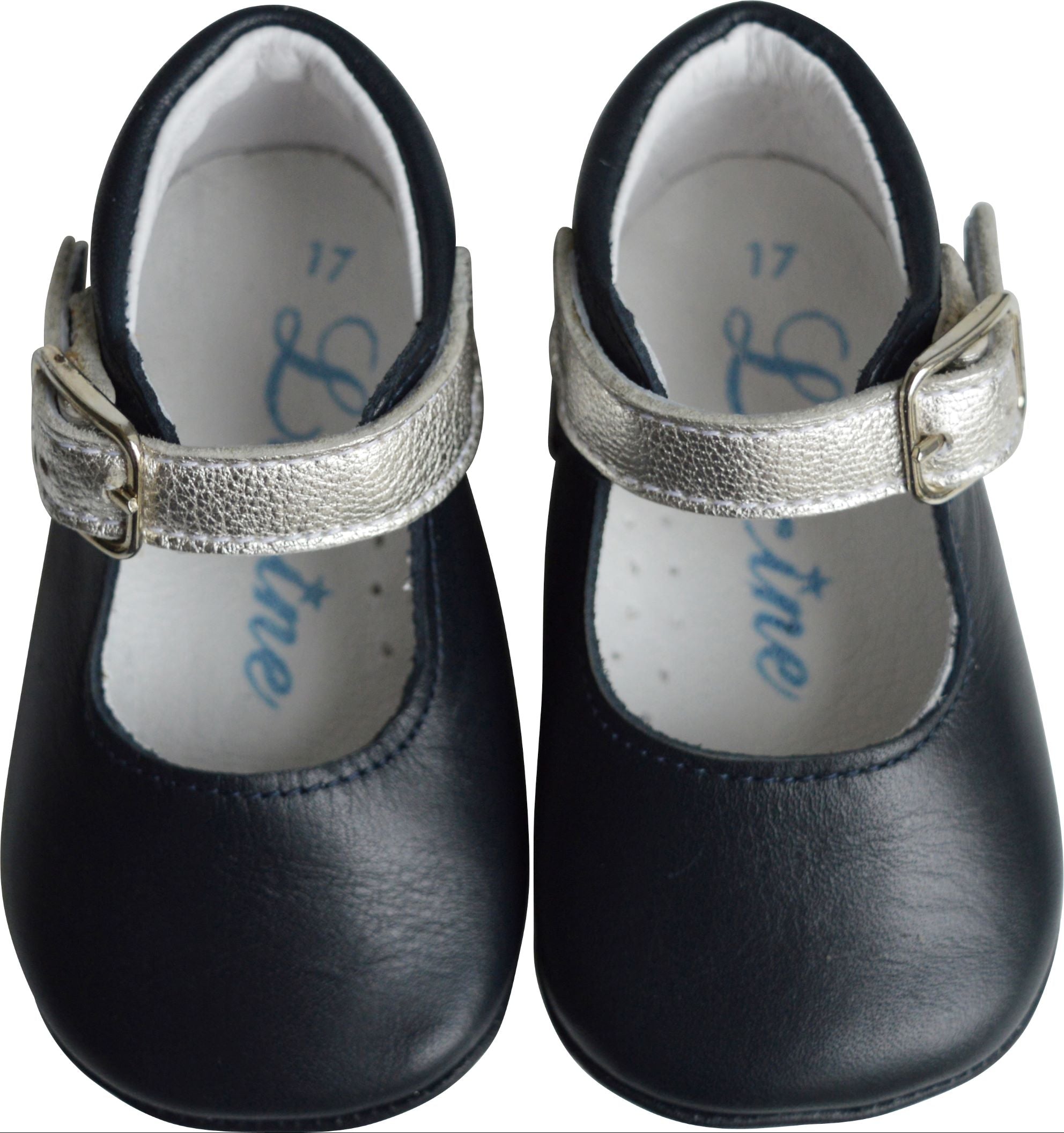 Chaussons Bébé Souples Antidérapants Fille À Boucle Mini-Alice - Cuir Marine Et Argent