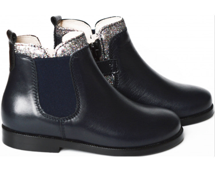 Boots Bottines Resistantes Fille - Cuir Bleu Marine Col Paillettes