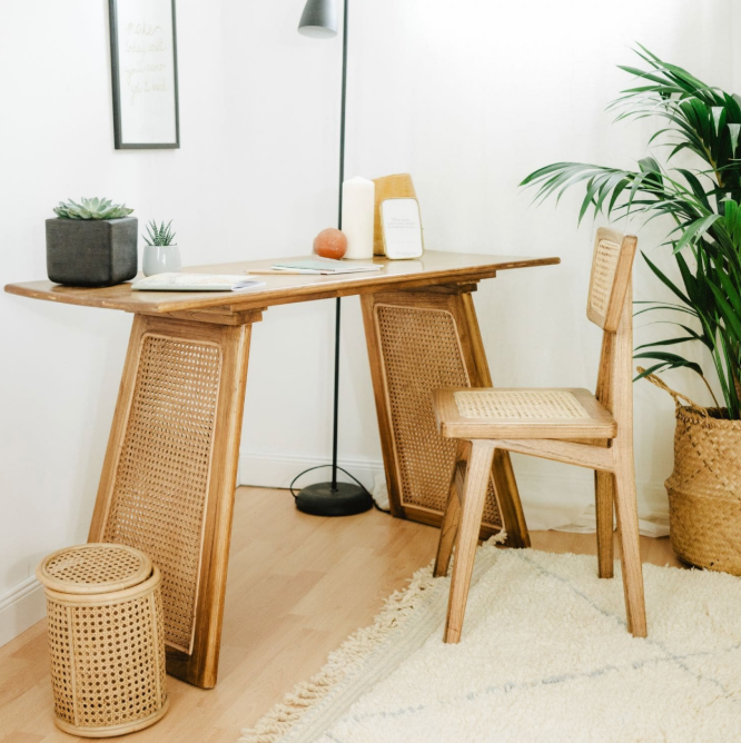 Bureau/console en bois et cannage - WOCCA